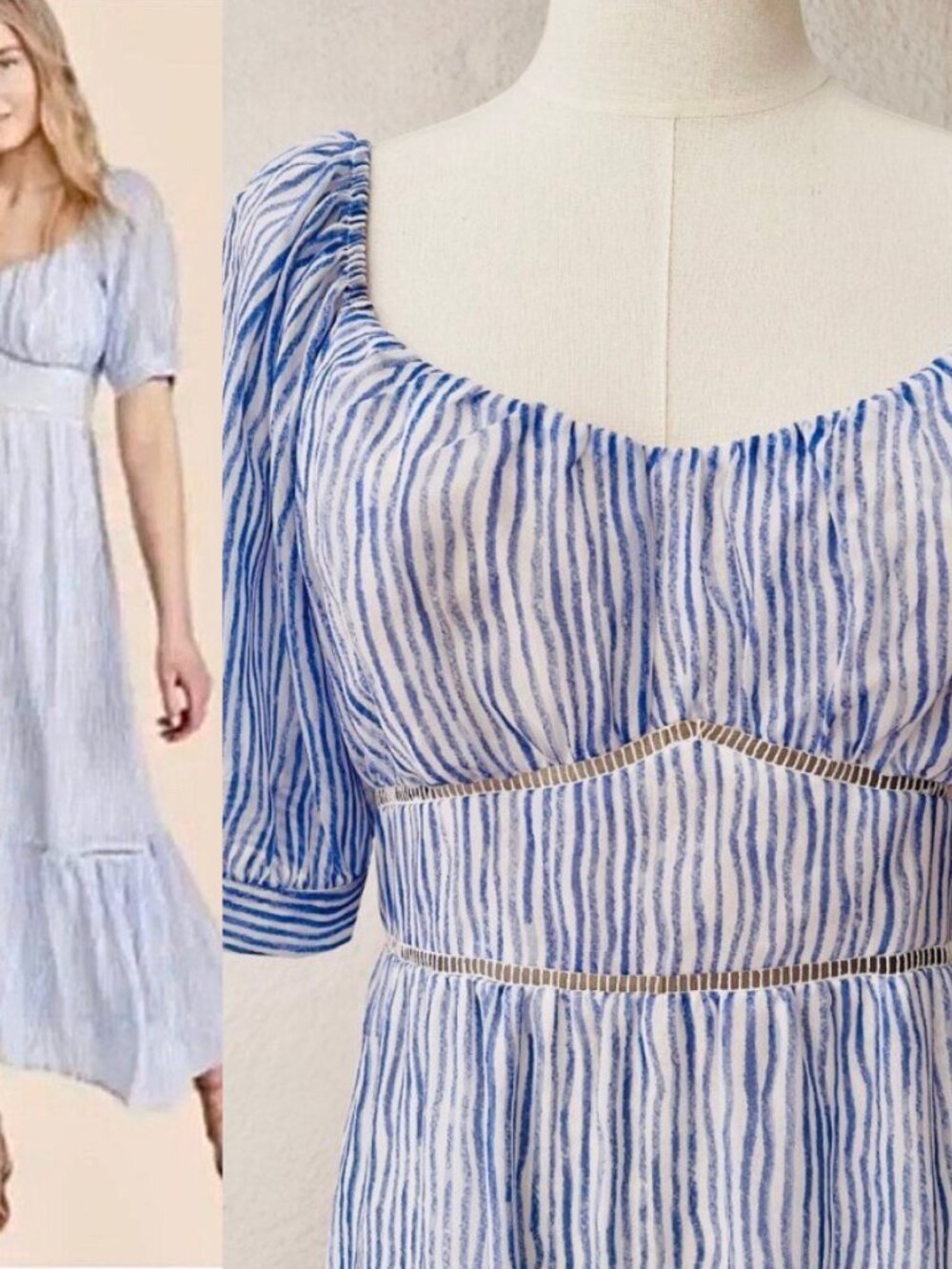 Moon River White & Blue Stripe Puff Sleeve Cottagecore Homemaker Midi Dress Sz M